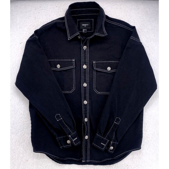 Forever 21 Jacket Men's Small Black Denim Trucker Button-Up Jean Dark Wash - Picture 3 of 11